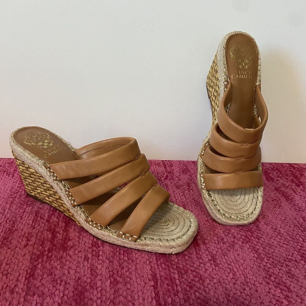 Vince Camuto Molisano Wedge Espadrille Sandals Light Cognac Brown Size 8.5 Wide